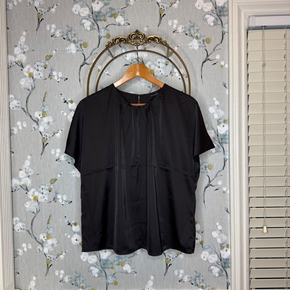 Banana Republic Black Satin Pleated Neck Short Sleeve Blouse Top NWT Large